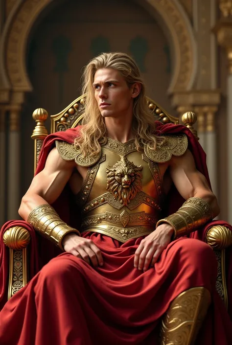 A strong and divinely beautiful young man with the physique of a Greek god with very long and damp light blond hair wearing golden and red armor with golden lion details and a red cape with a serious look in the middle of a medieval Arab room sitting impos...