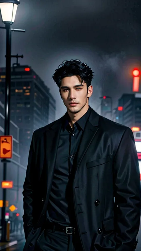 A handsome man with bright eyes,black flowy hair, natural beauty, handsome face,sharp jaw line, photogenic expression, wearing shirt and over coat, in a misty environment, evening time, near a street lamp, in a futuristic city, best quality photo, 16 k res...