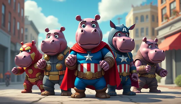 heros from Marvel Cinematic Universe movies, each person avater is a hippo