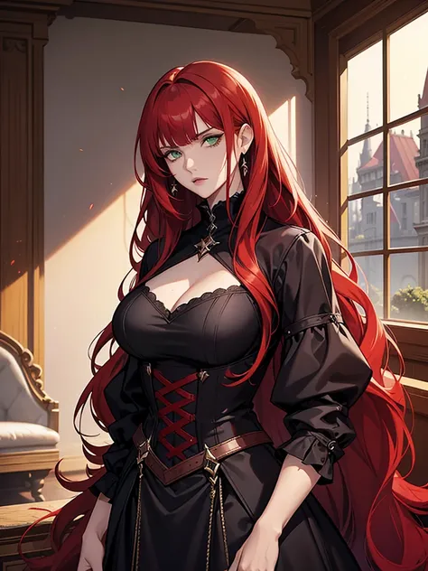 green eyes, red hair with long bangs, noble. wavy long hair. strong woman. she quiet. dominant woman. hair so long have bangs. red hair. adult women. wear purple gothic outfit. her expression is sleepy. she is hitman