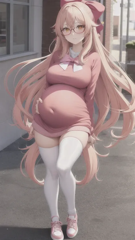 Full body girl with pink colored long hair, orange eyes and big breasts, She is wearing winter clothes, glasses, a hair bow, white colored thighhighs and white shoes. (Detailed clothes, pregnant)