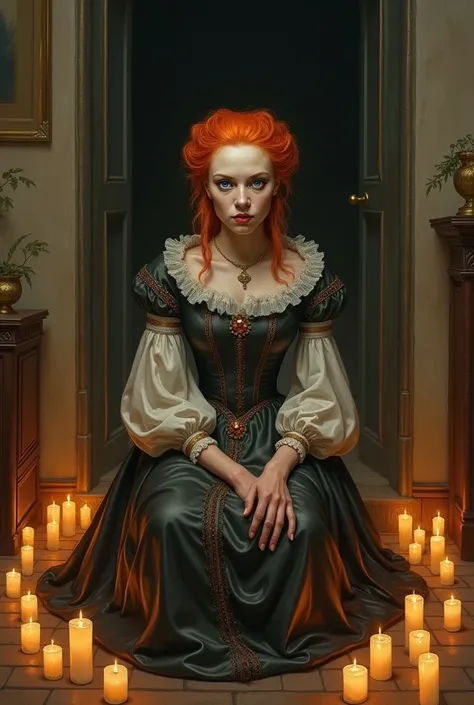 Painting of an old lady with a curious expression on her face with orange hair and blue eyes with pale translucent skin in a renascence style dress sitting on a chair facing a door in a living room surrounded by candles on the floor