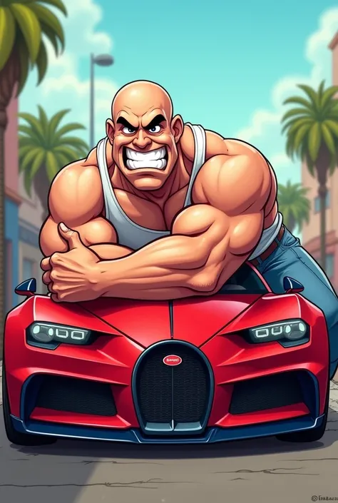 Cartoon muscular bald man hugging a Bugatti in a funny way 