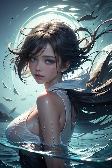 (abstract art:1.5),  (soft light, soft glow:0.8), 1Girl in, Silver for short hair, dark eyes, perfect skin, perfect face, big breasts, wet shirt, night, sexy, tranquil atmosphere,liquids:1.3, Floating in the sea,Satisfied face