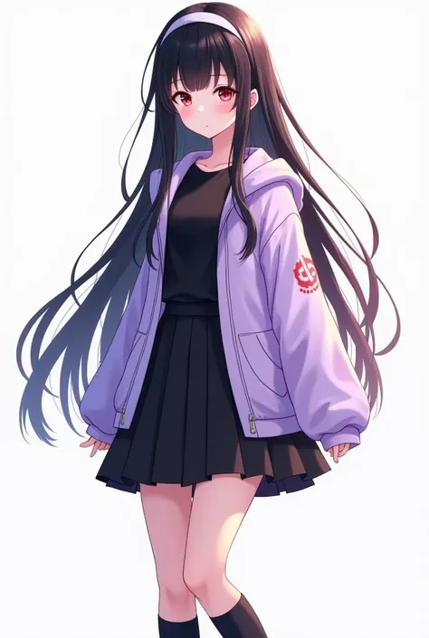 A very, very, very beautiful anime girl with long black hair, reddish eyes, have a beautiful face, wear pastel purple jacket, black t shirt, black knee length skirt, long black sock above knee, wear a white headband, white background, standing