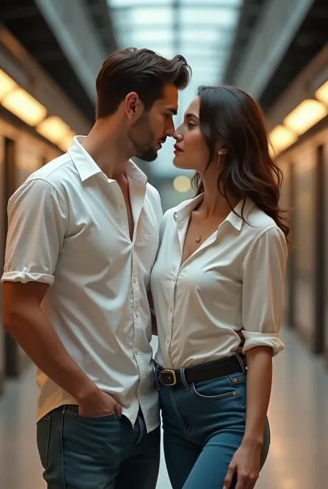 A beatiful girl wear white shirt and blue pants looking gorgeous and sexy and wife material with his boyfriend and stand in the metro