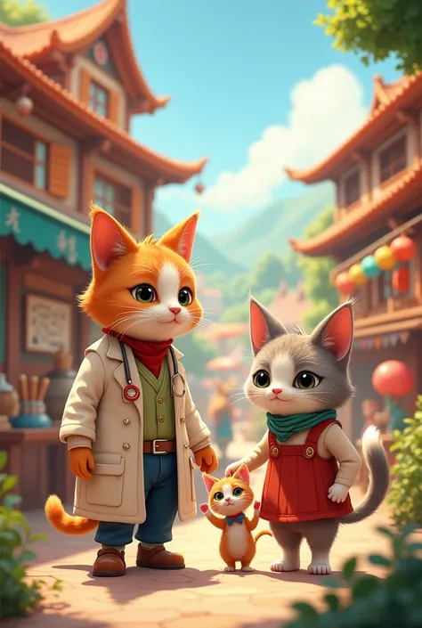 In a small village, there lived a family of beautiful cats.. Each cat had a unique personality, and was dressed in stylish human clothing.. father, "Mr. Miao"He was working as a veterinarian, while the mother, "Madam Pompom"A skilled baker who makes the mo...