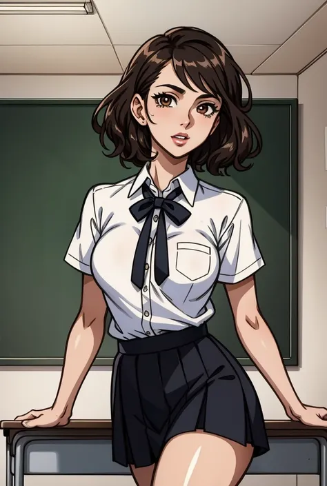 (masterpiece, best quality, ultra-detailed, intricate), view from front, cowboy shot, black hair, short hair, wavy hair, brown eyes, sexy, skinny figure, school uniform, (white top, black skirt, black tie), visible legs, shiny, indoors, expressive eyes, co...