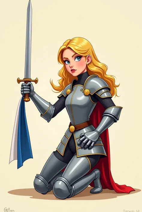 Blonde Joan of Arc in knight&#39;s armor kneeling on the ground with her sword in her right hand and holding a French flag in her left hand in a cartoon style