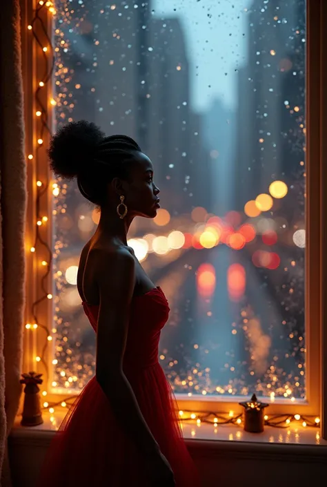 In a beautiful, well-decorated apartment in New York at Christmas, a beautiful African woman dressed in gold looks at the rain falling outside. We see the drops falling on the window and the Christmas lights