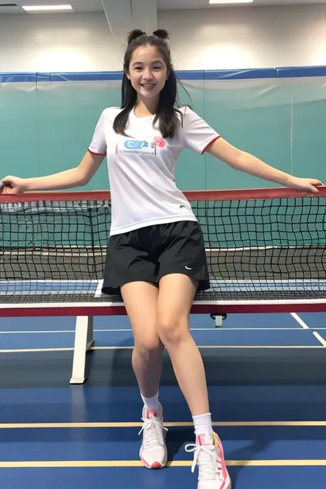 ((Highest quality)), ((masterpiece)), (detailed), One girl,  Table tennis player、Short sleeve、Shorts、Table tennis table、gym、smile、Guts pose、Ping pong ball、racket