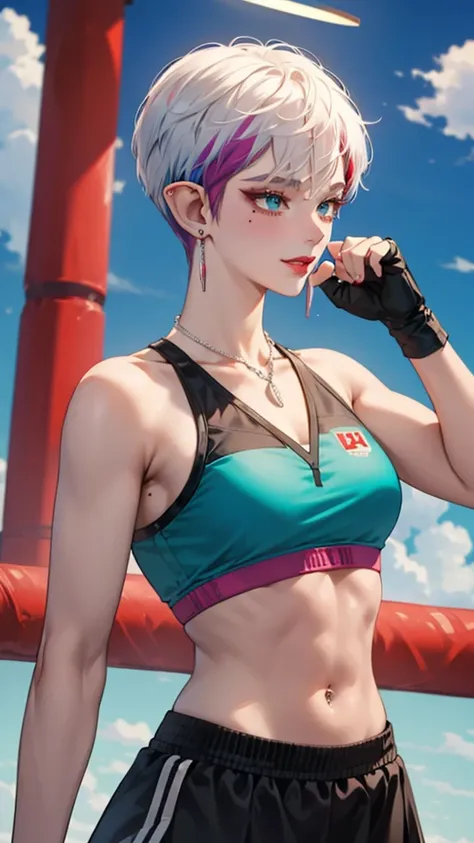 8k, masterpiece, best quality, highly detailed, 1 girl, elf, pixie cut, multicolored hair, very short straight hair red highlight hair on white hair, strippled hair, earrings, navel piercing, red eyeshadow, long eyelashes, blushed cheek, red lips, pearl ne...