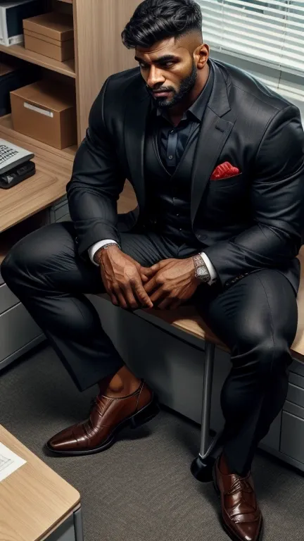 from above view, black man business suit, formal shoes, secretly mastrbate in office store room with spread legs, pain is raggin...