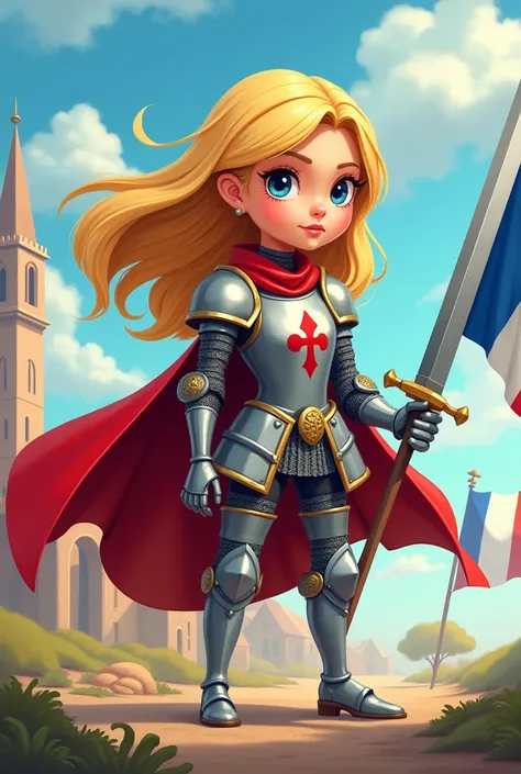 Blonde Joan of Arc in knight&#39;s armor with her sword in her right hand and holding a French flag in her left hand in a cartoon style