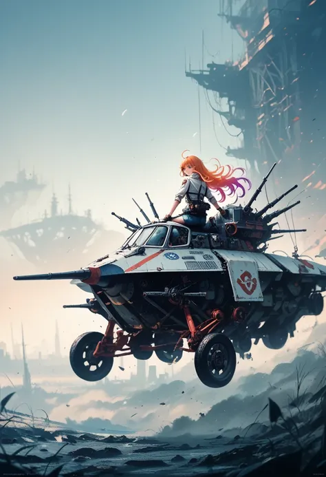 masterpiece, top quality, very detailed, unity 8k wallpaper, (Riding on autocracy), firmament, girl 1 person, Heavy machinery, gradient hair, hair between eyes, ahoge, age: 16, looking back, Beautiful face, White Niso,