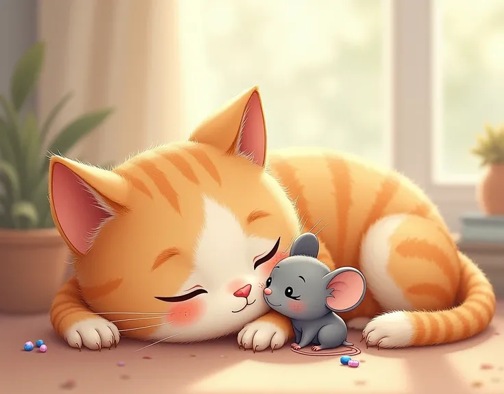 Make an illustration based on the below that is for a childrens book and uses super cute characters with big eyes. Make the cat an adult cat that looks sleepy with its eyes still open and laying down but awake, and make it bigger than the mouse. Make the m...