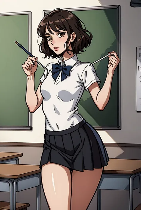 (masterpiece, best quality, ultra-detailed, intricate), view from front, cowboy shot, black hair, short hair, wavy hair, brown eyes, small beats, sexy, skinny figure, school uniform, (white top, black skirt, black tie), visible legs, shiny, indoors, expres...