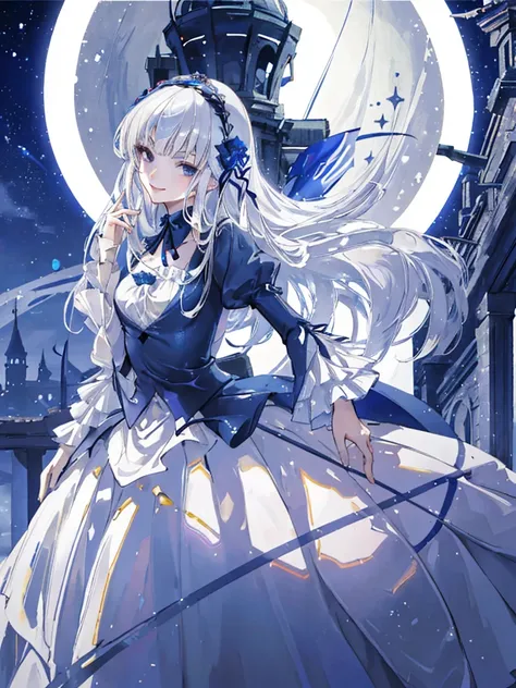 ((highest quality)), ((masterpiece)), (detailed), perfect face, girl, (((a kind smile))), silver hair, very long hair, dark blue...