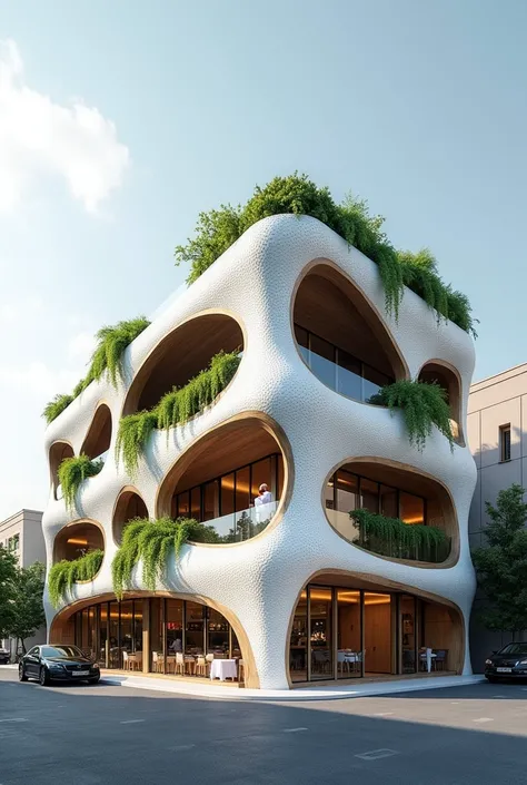 Organically designed wooden facade restaurant building located on a busy street in vakil abad mashhad , low rise, zaha hadid style restaurant building, there are plants on its roof and balconies, white glossy parametric facade, pores on the facade, façade ...