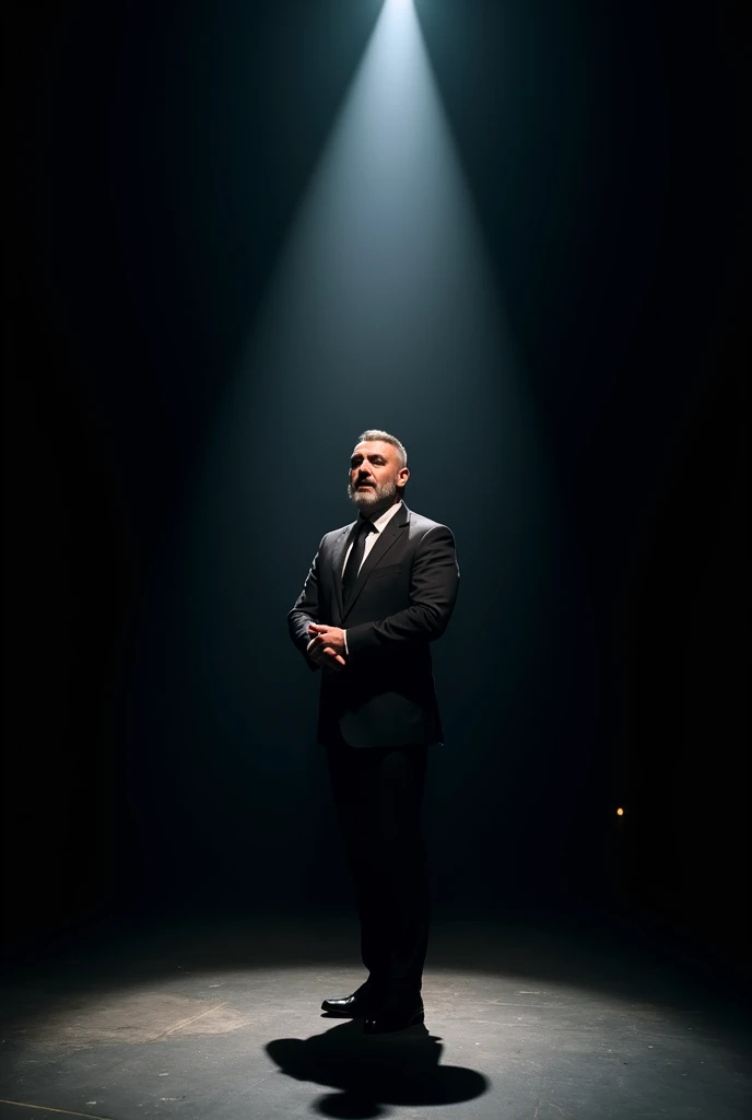 A 3 man with a neatly trimmed beard  dressed in a slim fit suit performing a dramatic monologue on a theater stage under a spotlight 