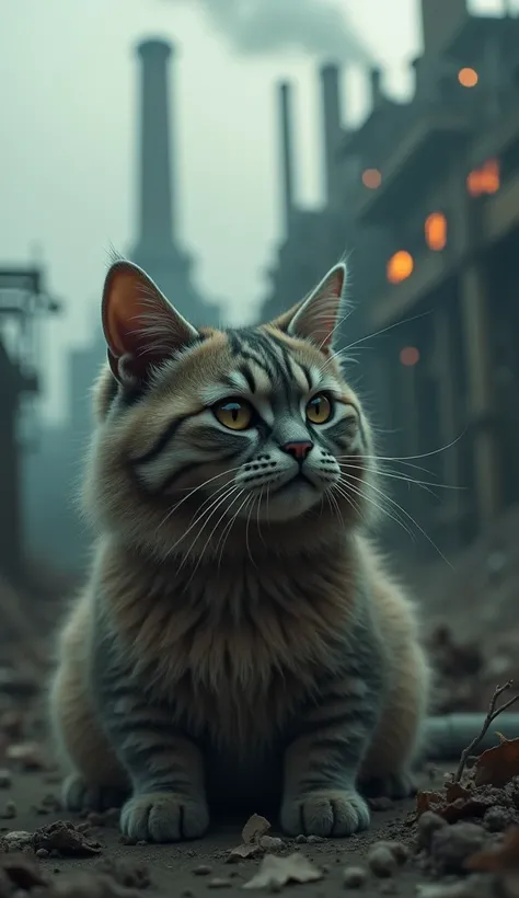 A cat looking at a factory,Beard is clearly visible，Its face is full of helplessness and fading hope.，The machine restarts and makes a buzzing sound.