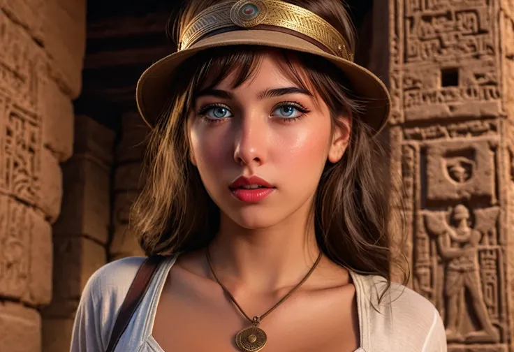 A cute girl in sexy Indiana Jones outfit,beautiful detailed eyes,beautiful detailed lips,extremely detailed eyes and face,longeyelashes,1girl,beautiful girl,desert valley,ancient Egyptian architecture,carved walls,bright stars,night sky,(best quality,4k,8k...