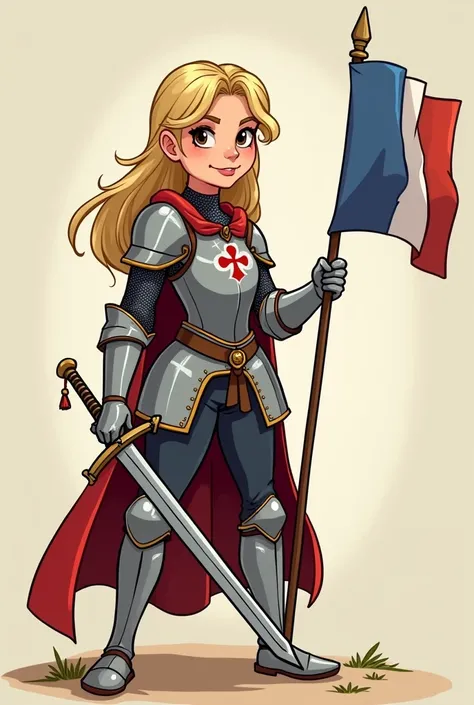 Blonde Joan of Arc in knight&#39;s armor with her sword in her right hand and holding a French flag in her left hand in a cartoon style 