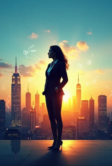 "Infographics-style background with a silhouette of a woman in a suit against a city skyline at sunset, the sky blending infographic-friendly colors of blue, yellow, and white. Ample copy space. --ar 16:9"