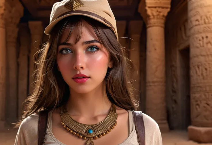 A cute girl in sexy Indiana Jones outfit,beautiful detailed eyes,beautiful detailed lips,extremely detailed eyes and face,longeyelashes,1girl,beautiful girl,desert valley,ancient Egyptian architecture,carved walls,bright stars,night sky,(best quality,4k,8k...