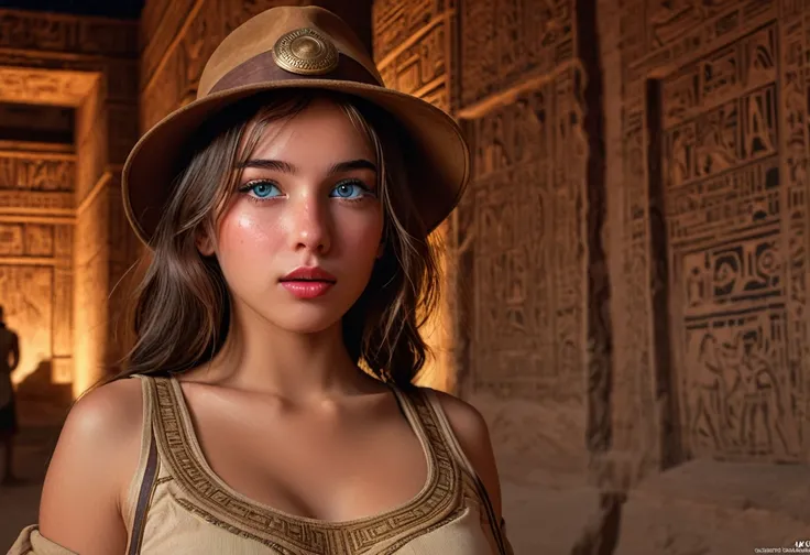 A cute girl in sexy Indiana Jones outfit,beautiful detailed eyes,beautiful detailed lips,extremely detailed eyes and face,longeyelashes,1girl,beautiful girl,desert valley,ancient Egyptian architecture,carved walls,bright stars,night sky,(best quality,4k,8k...