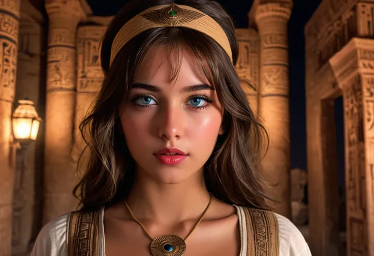 A cute girl in sexy Indiana Jones outfit,beautiful detailed eyes,beautiful detailed lips,extremely detailed eyes and face,longeyelashes,1girl,beautiful girl,desert valley,ancient Egyptian architecture,carved walls,bright stars,night sky,(best quality,4k,8k...