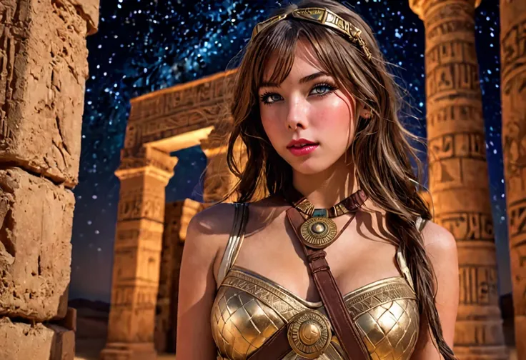 A cute girl in sexy Indiana Jones outfit,beautiful detailed eyes,beautiful detailed lips,extremely detailed eyes and face,longeyelashes,1girl,beautiful girl,desert valley,ancient Egyptian architecture,carved walls,bright stars,night sky,(best quality,4k,8k...