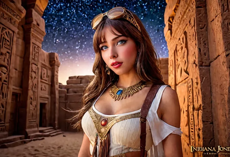 A cute girl in sexy Indiana Jones outfit,beautiful detailed eyes,beautiful detailed lips,extremely detailed eyes and face,longeyelashes,1girl,beautiful girl,desert valley,ancient Egyptian architecture,carved walls,bright stars,night sky,(best quality,4k,8k...