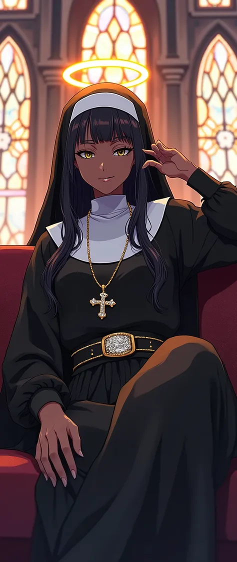 anime she is a swagger lazy hero, the  African teen shorty female has the hairstyle includes dreadlocks as she is adorned in nun attire attached to her as her halo above her head glows, the bling nun cross for she is choreographed as rapper, his attitude i...