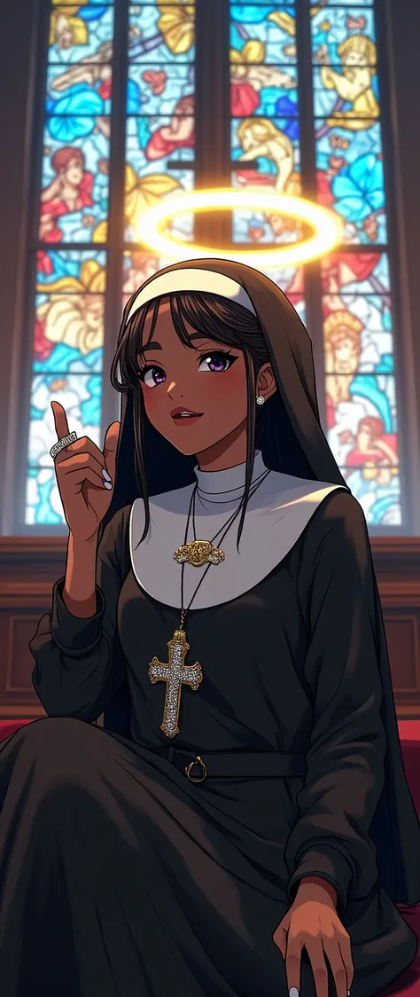 anime she is a swagger lazy hero, the  African teen shorty female has the hairstyle includes dreadlocks as she is adorned in nun attire attached to her as her halo above her head glows, the bling nun cross for she is choreographed as rapper, his attitude i...