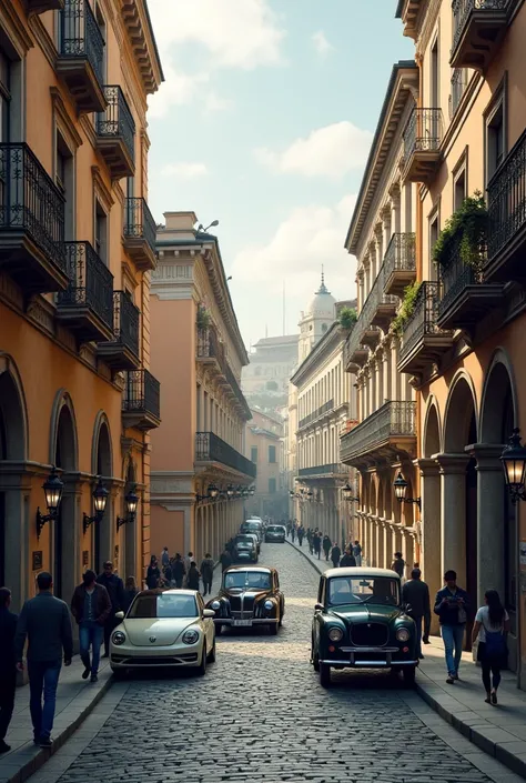 A cobblestone street in the historic center, with buildings of European and neoclassical architecture, old posts and modern people and vehicles circulating.