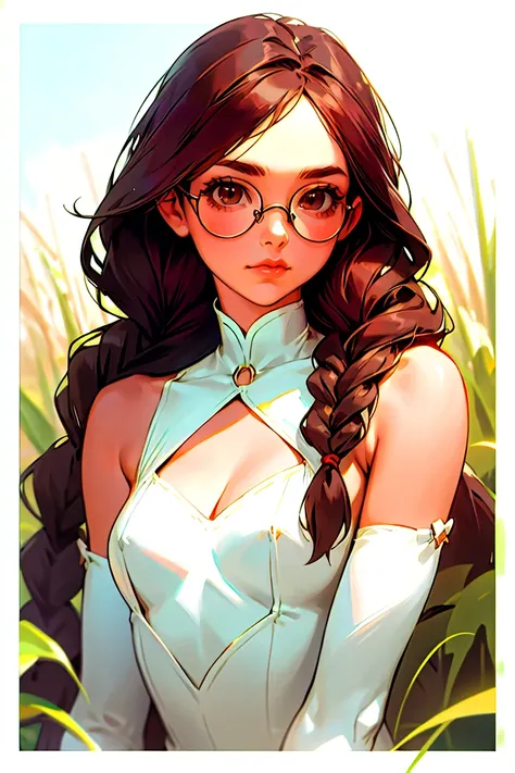 1girl, solo, long hair, breasts, looking at viewer, brown hair, dress, closed mouth, cleavage, bare shoulders, medium breasts, brown eyes, upper body, braid, outdoors, small breasts, detached sleeves, sleeveless, glasses, white dress, twin braids, lips, bo...