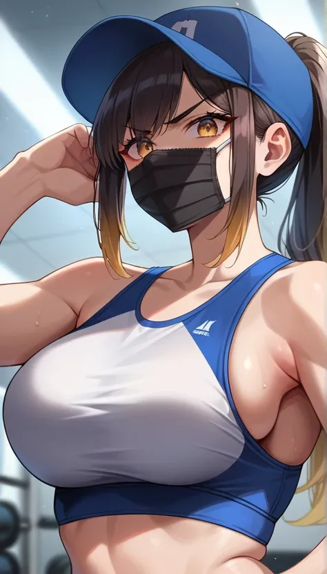 score_9, score_8_up, score_7_up, source_anime, rating_safe, 1girl, a woman showing frowning, serious face, upper body, dynamic posing, perfect anatomy, dynamic angle. perfect dynamic composition, blue baseball cap, mouth mask, Shooting from below, white sp...