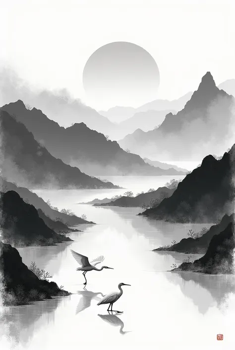 The Bailu solar term has mountains, lakes and egrets. Ink-style black and white poster