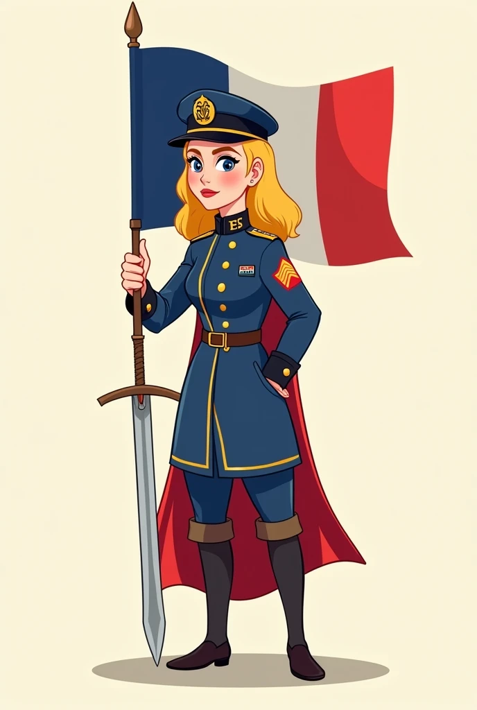 Blonde Joan of Arc in gendarme&#39;s outfit with her sword in her right hand and holding a French flag in her left hand in cartoon style 