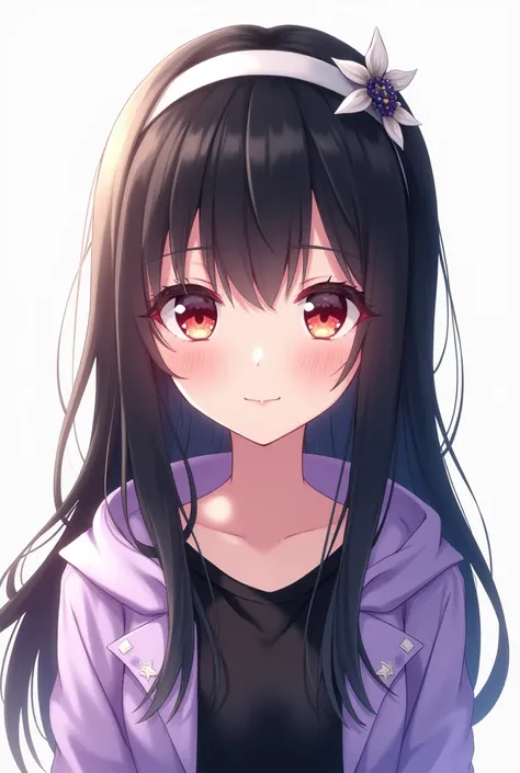 A very beautiful anime girl with long black hair, reddish eyes, have a beautiful calm face, wear pastel purple jacket, black t shirt, wear a white headband,headshots, white background. 