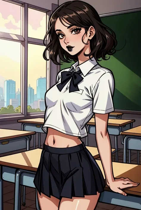 (masterpiece, best quality, ultra-detailed, intricate, realistic), view from front, cowboy shot, black hair, short hair, wavy hair, brown eyes, small breasts, sexy, skinny figure, (black lipstick), lashes, eyeliner, school uniform, white top, (black skirt,...