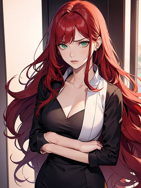 green eyes, red hair with long bangs, noble. wavy long hair. strong woman. she quiet. dominant woman. hair so long have bangs. red hair. adult women. outfit purple. her expression is sleepy. she is hitman. outfit purple