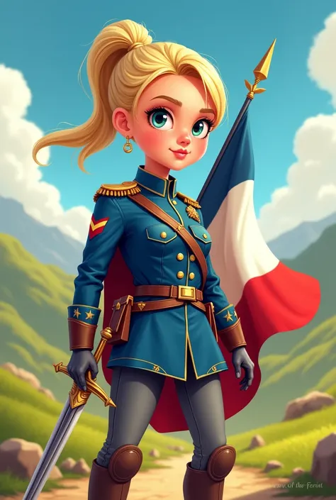 Blonde Joan of Arc in gendarmerie uniform with her sword in her right hand and holding a French flag in her left hand in cartoon style 