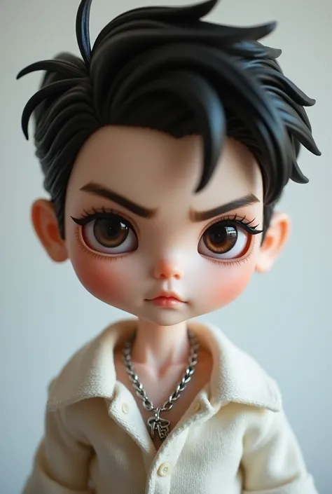 Blythe doll boy with dark brown eyes, sharp face features, sharp jawline, wearing a polo shirt, silver chain necklace