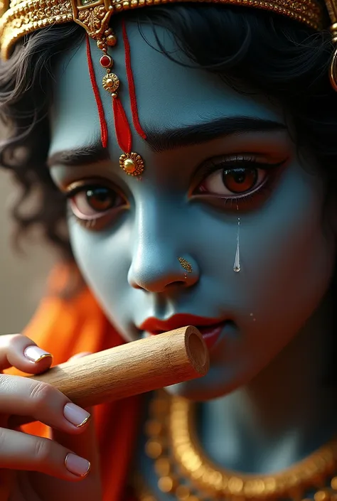 (photorealism:1.2), shri krishna playing flute crying in Mahabharata close up image ,make it vibrant 