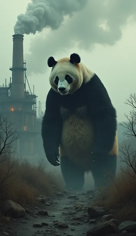 A giant panda looking towards the factory,Beard is clearly visible，Its face is full of helplessness and fading hope.，The machine restarts and makes a buzzing sound.