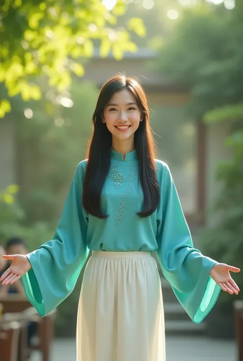 Please create for me the image of a Vietnamese teacher with long, neat hair, wearing a turquoise ao dai with a collar, long sleeves, white silk pants, a gentle and cheerful face with her arms open to welcome the children.