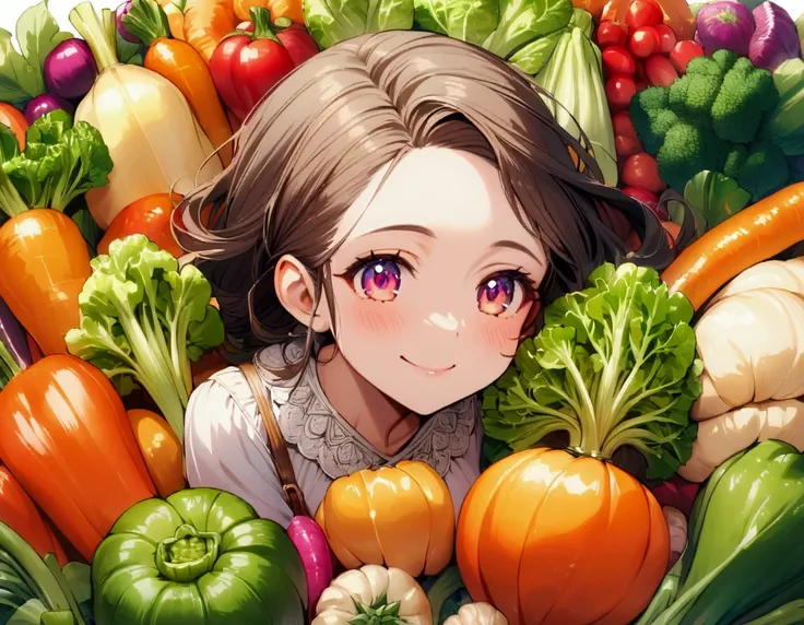 cute girl looking at a pile of vegetable, smiling, vibrant colors