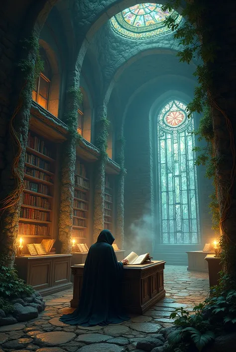 "Create an image of an ancient, mystical library hidden deep within a dense forest. The librarys towering shelves are filled with glowing, enchanted books, and vines weave through the stone walls and archways. Soft, warm light filters through stained glass...